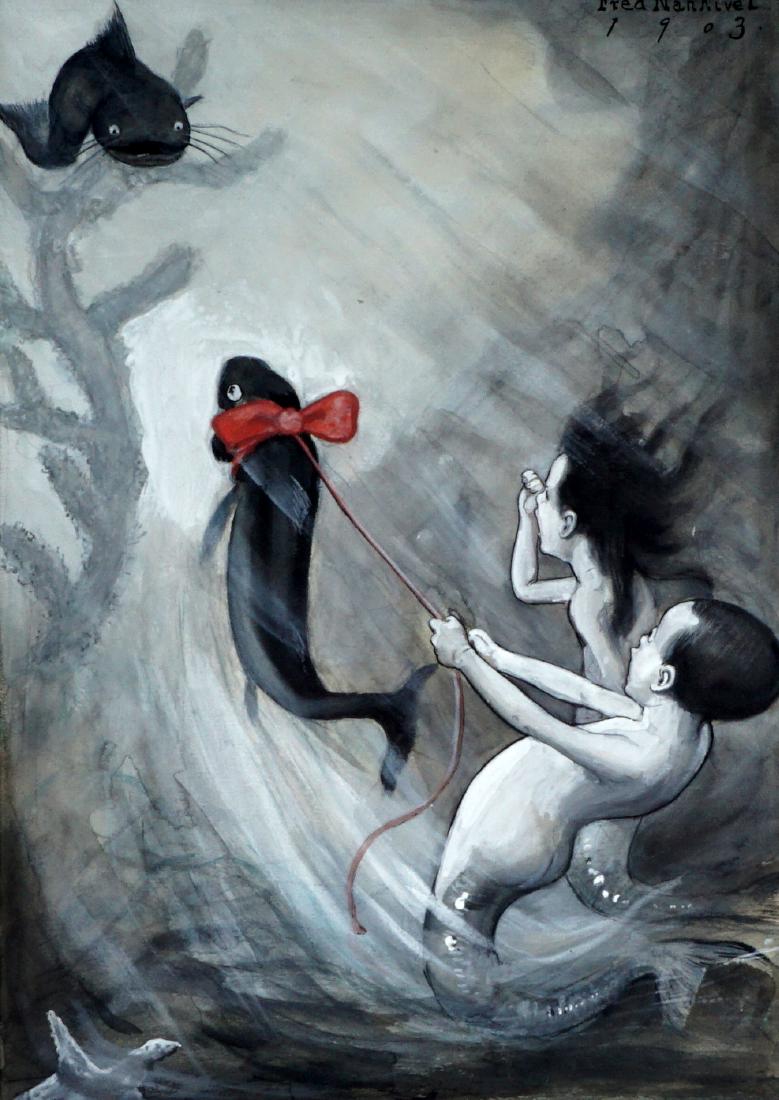 Fred Nankivel Harpers Monthly Illustration: NANKIVEL, Fred, (American, 1876-1950): Illustration for Harpers New Monthly Magazine, Volume 19, November 1904. Features 2 children merman and mermaid and fish, Gouache, signed upper right Fred Nankiv