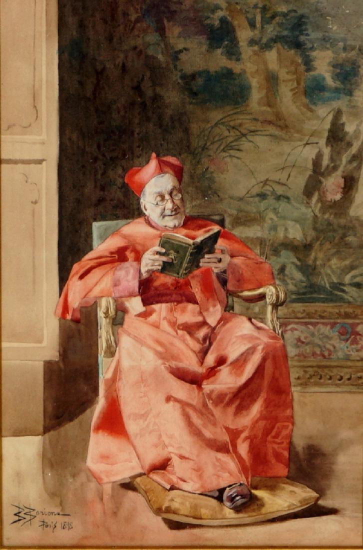 Bernard Borione Sitting Cardinal Watercolor: BORIONE, Bernard, (French, 1865-): Portrait of a seated Cardinal reading a book, Watercolor/Paper, signed lower left, Paris, 1898, sight size 13.5" x 8.75", framed 25.5" x 21.25". Condition: Laid to b
