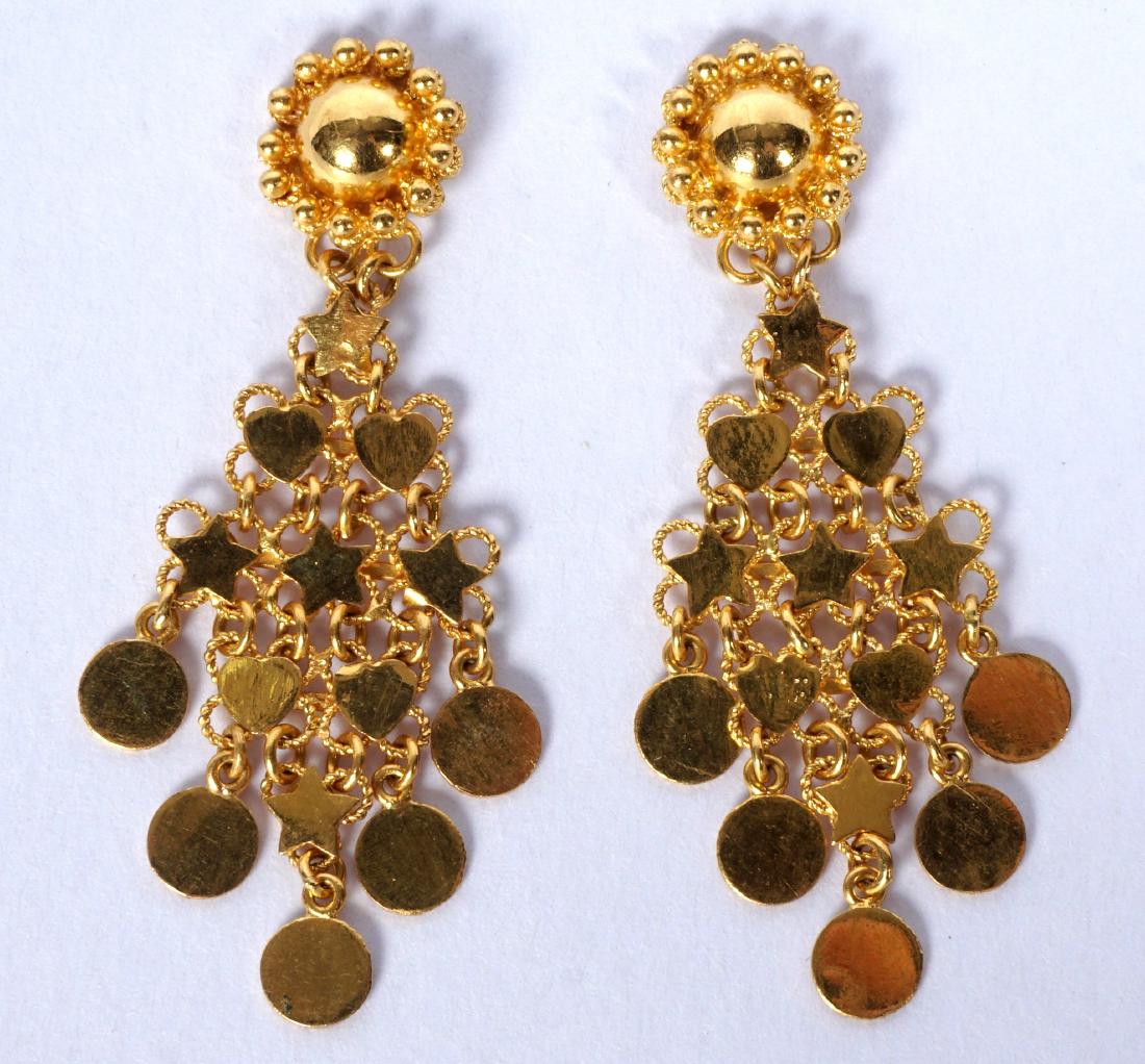 22k Gold Dangle Stars & Hearts Earrings: Set in 22k gold, 1.25" drops, screw backs, approx. 9.1 grams.