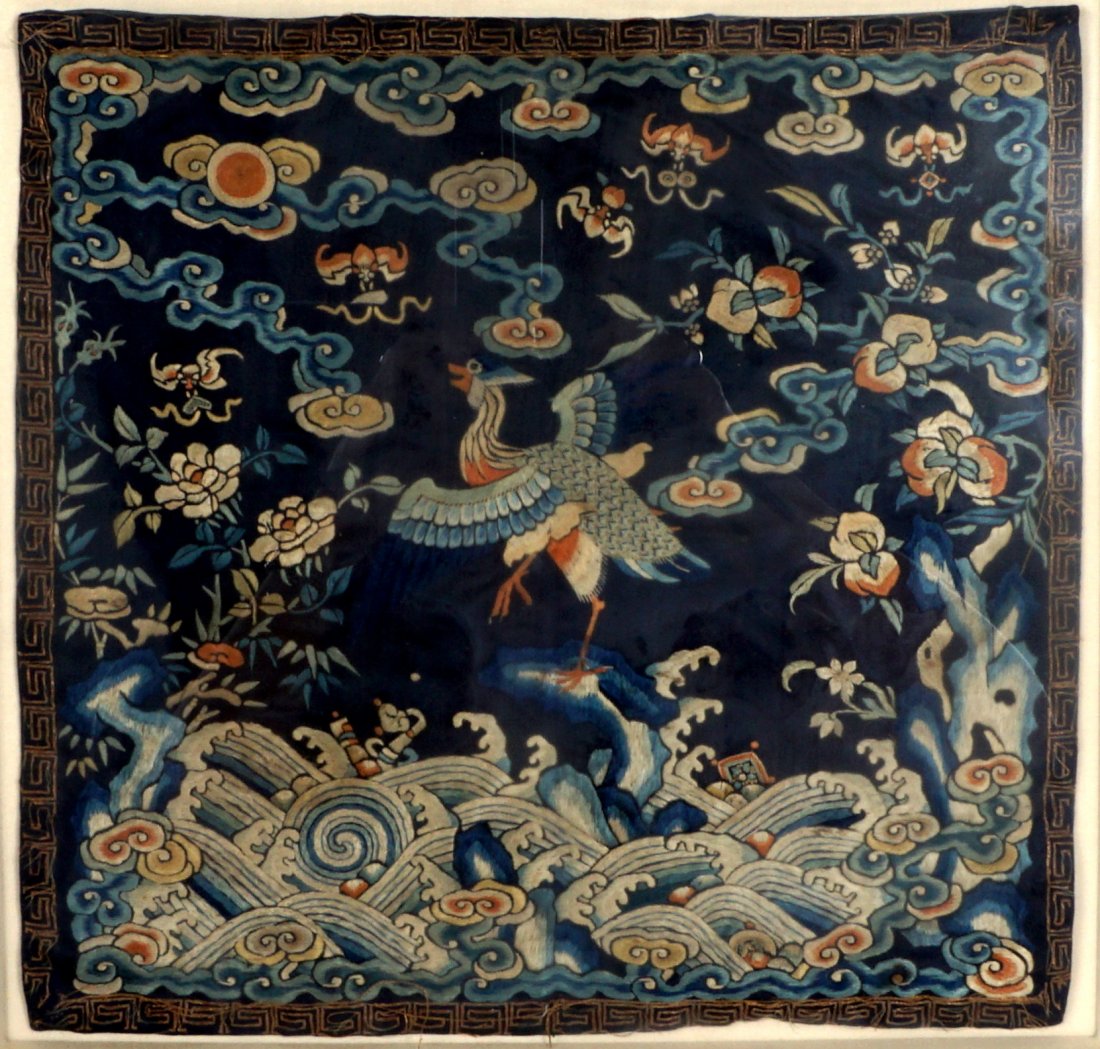 Chinese Embroidered Silk Mandarin Rank Badge: Qing dynasty civil 4th rank Mandarin Square badge featuring goose in center with bats and clouds above, crashing surf below, 11.75" x 12.5", framed 19.5" x 20.25". Condition: Isolated spots of missing