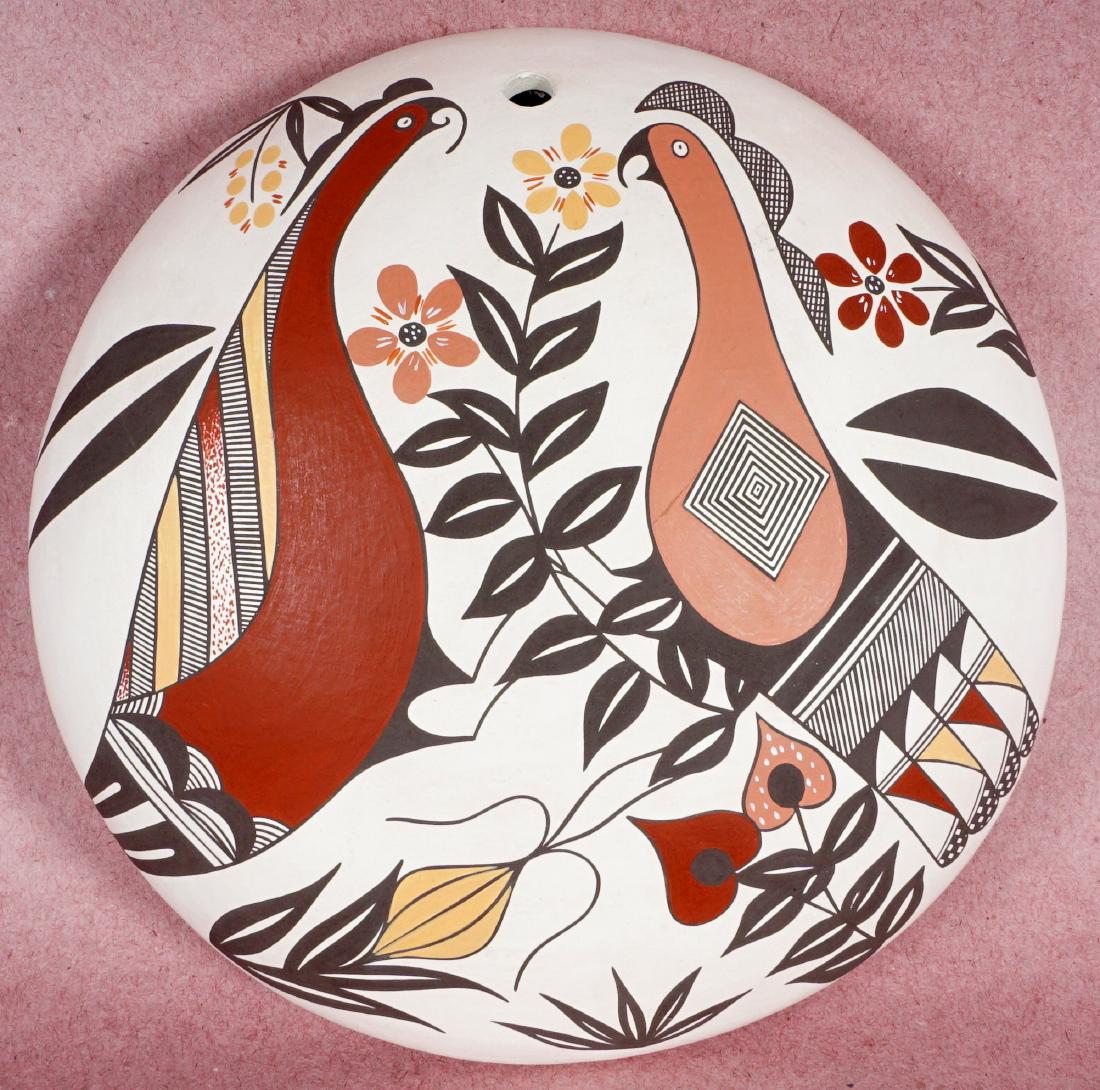 Charmae Shields Natseway Acoma Seed Pot: Polychrome decorated seed pot with 2 figural birds and flowers design, signed on base, 2.75" h. x 7" dia.
