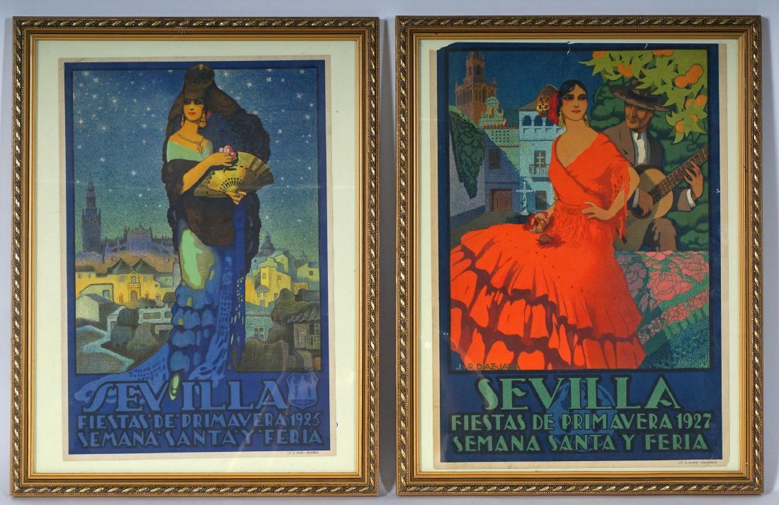2 Sevilla Fiesta de Primavera Small Travel Posters: 2 piece total, lithograph travel posters advertising Sevilla Fiestas de Primavera, Semana Santa Y Feria, to include 1) 1925 by Juan Miguel Sanchez, affixed to glassy paper top and bottom edges, top le