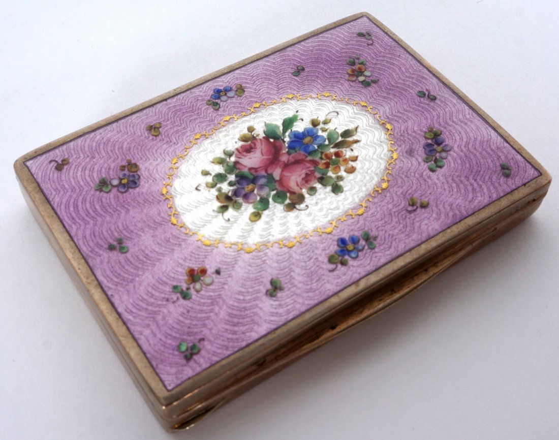 Lenk Austrian Guilloche Calling Card Box: Purple ground guilloche enamel decorated hinged lid and bottom with flowers, marked Lenk, Made in Austria, measure 3" x 2.25".