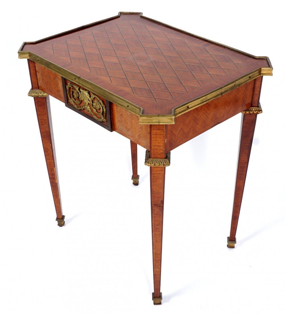French Parquetry Inlaid One Drawer Stand: Parquetry inlaid top, canted corners and legs, single drawer with ormolu accent, tapered legs, 28.5" h. x 26" x 20". Condition: Veneer chips