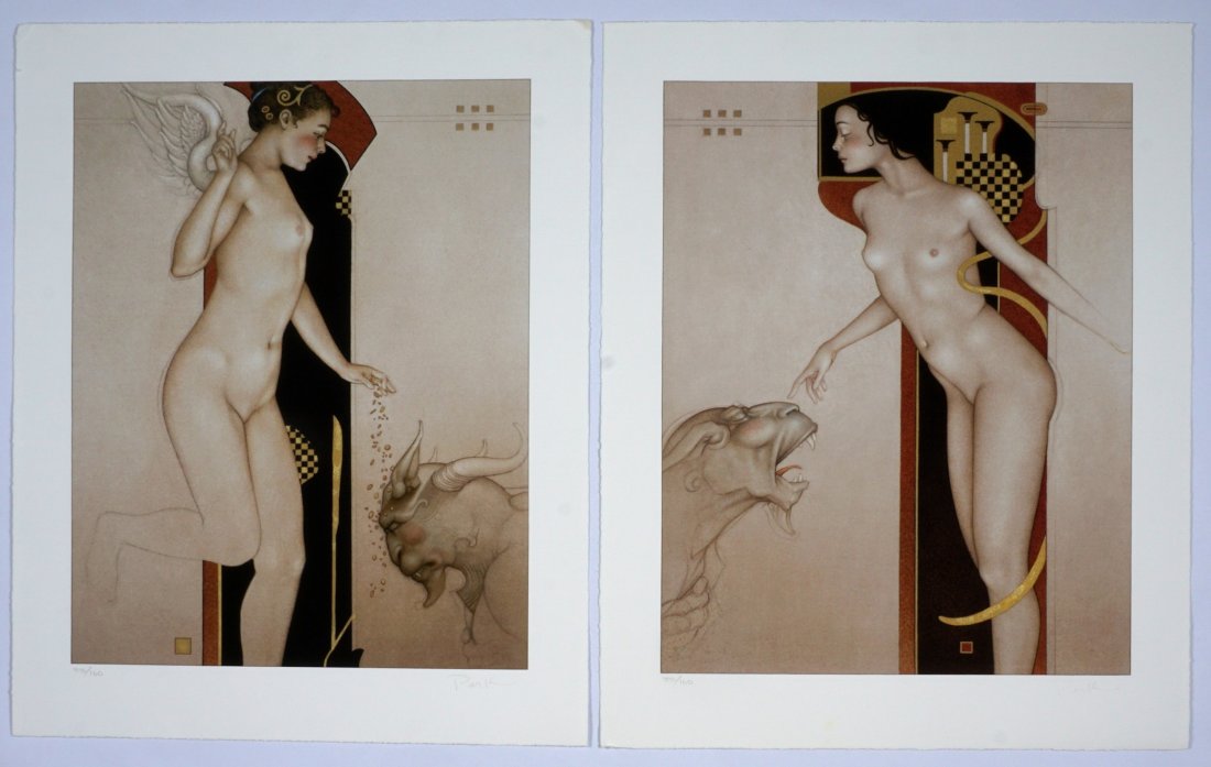 2 Michael Parkes Nude Women With Gargoyles Lithos: PARKES, Michael, (American, 1944-): 2 pieces, each with nude maiden with gargoyle, Lithograph, each penciled signed and numbered 33/160, 24" x 19.5".