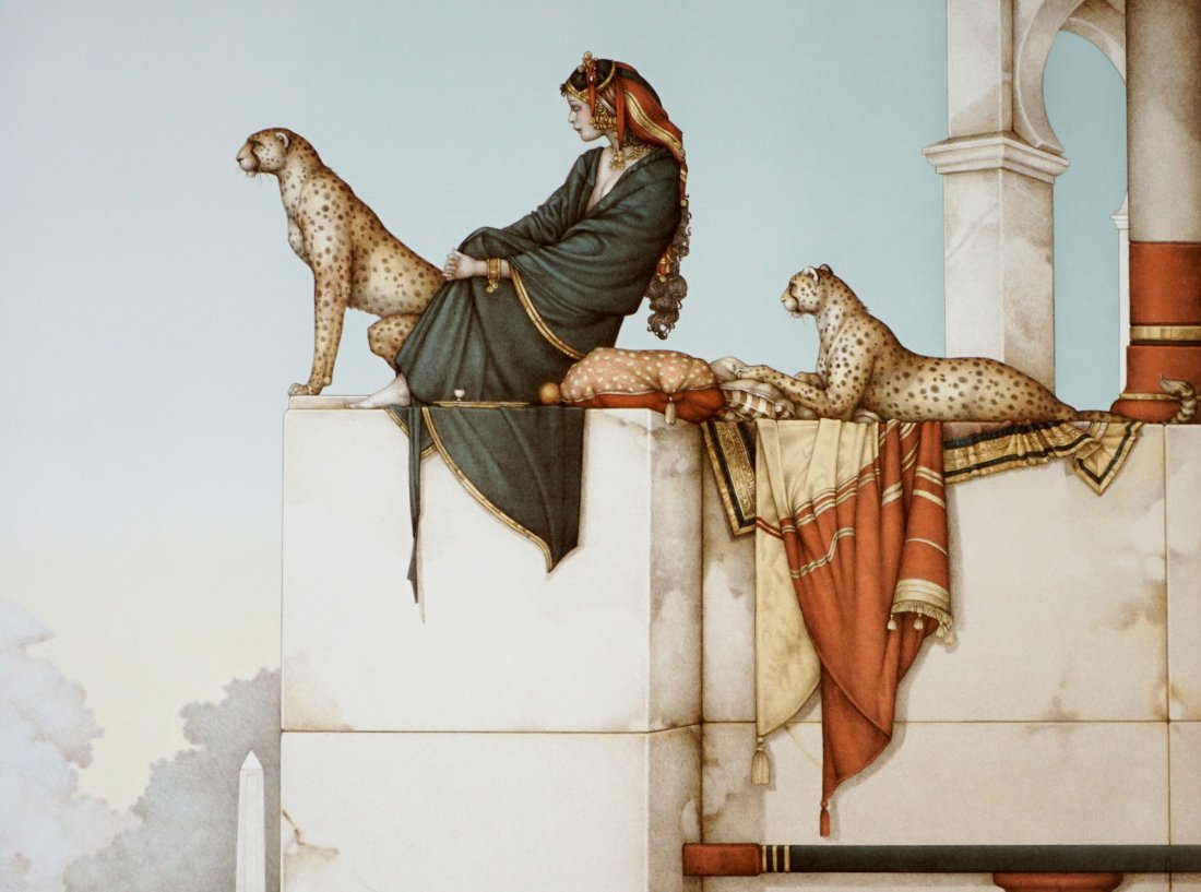 Michael Parkes "Persepolis" Lithograph: PARKES, Michael, (American, 1944-): "Persepolis", figure of a seated woman with leopards, Lithograph, pencil signed and numbered EA, sold with Swan King Editions COA, 28" x 35.5".