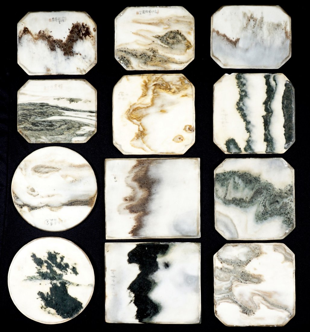 Set of 12 Chinese Dreamstones: 12 piece total of various shapes, each with verses, largest 9" x 7.75". Condition: Several have chips.