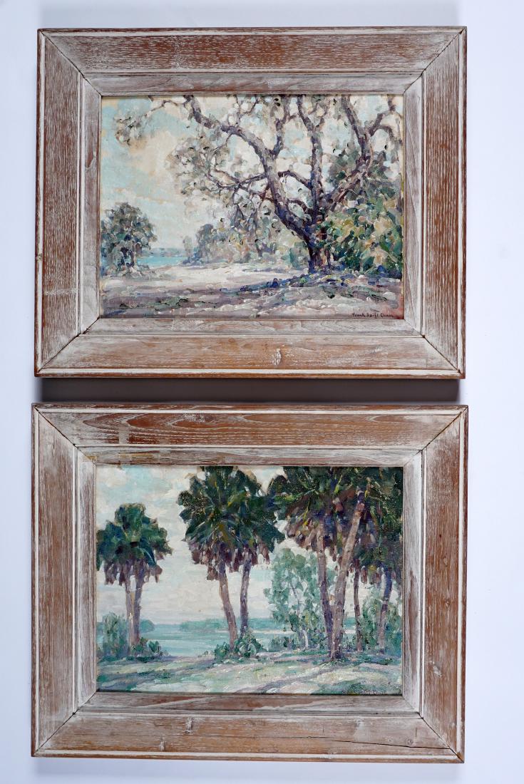 2 Frank Swift Chase Florida Landscape Paintings: CHASE, Frank Swift, (American, 1886-1958): 1) Florida landscape with palm trees at waters edge, Oil/Canvasboard, signed lower right, 12" x 16", framed 18" x 22". Condition: Paint flake and loss throug