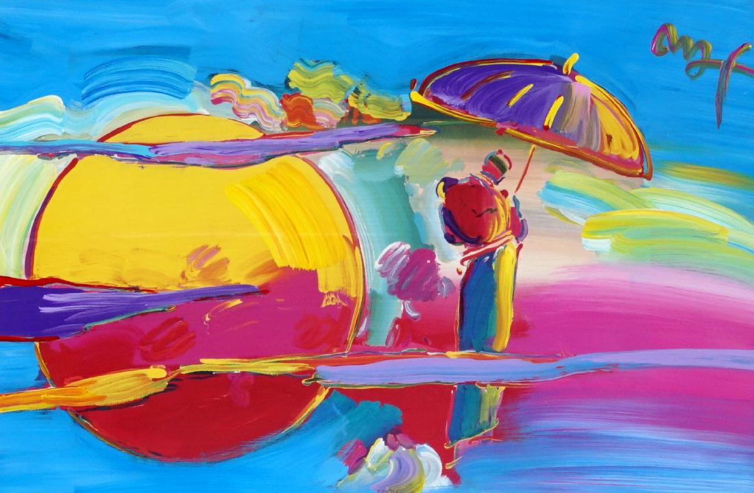 Peter Max New Moon II Mixed Media Painting: MAX, Peter, (American, 20th Century): "New Moon II", Mixed Media / Embellished Poster with Acrylic, signed upper right, 24" x 36", framed 36" x 40".