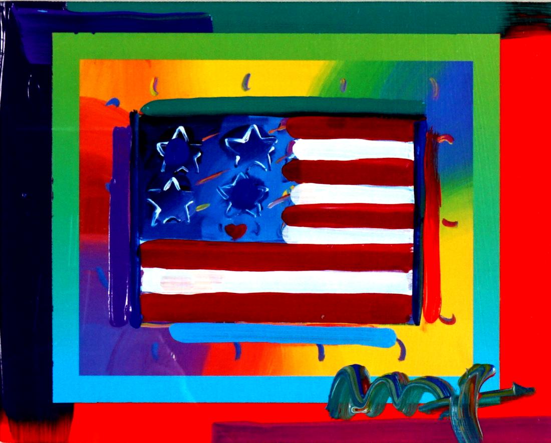 Peter Max Flag with Hearts Mixed Media: MAX, Peter, (American, 20th Century): "Flag with Hearts on Blends" 2005, Mixed Media / Embellished Lithograph with Acrylic, signed lower right, 8" x 10", framed 21.75" x 23.25". Sold with Park West Ce