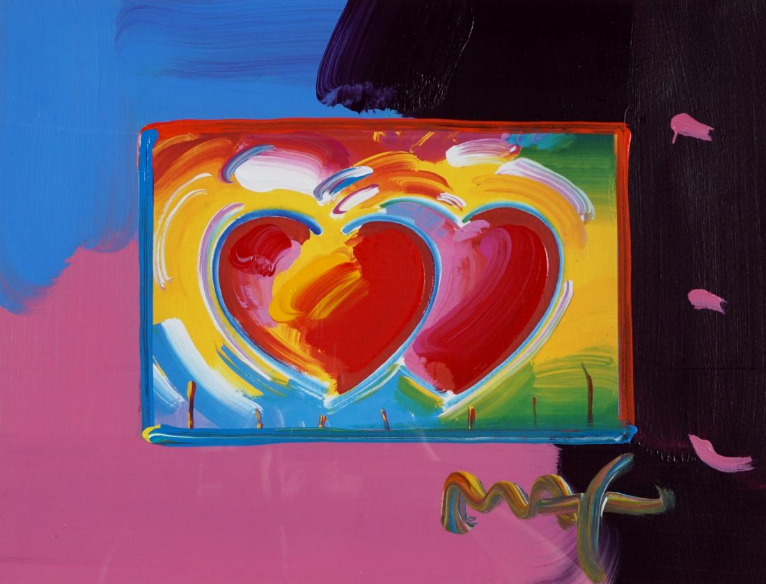 Peter Max Two Hearts on Blends Mixed Media: MAX, Peter, (American, 20th Century): "Two Hearts on Blends 2006", #814, Mixed Media / Embellished Poster with Acrylic, signed lower right, 13" x 17", framed 23" x 27". Sold with Peter Max Original Ar
