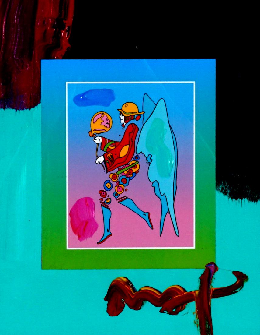 Peter Max Tip Toe Floating Mixed Media: MAX, Peter, (American, 20th Century): Tip Toe Floating on Blends" #20, Mixed Media / Embellished Lithograph with Acrylic, signed lower right, 12.75' x 10", framed 23" x 20.25". Sold with Peter Max Ori