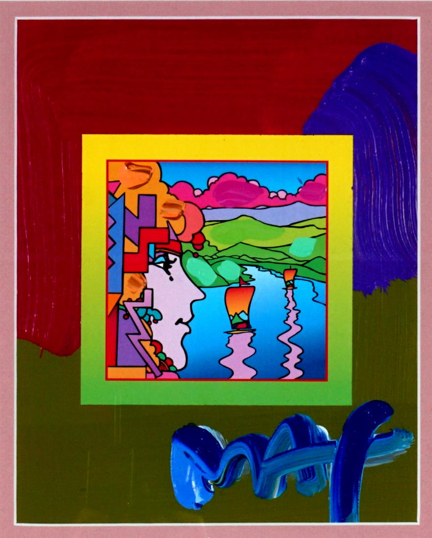 Peter Max Geometric Profile Sailboats Mixed Media: MAX, Peter, (American, 20th Century): "Geometric Profile and Sailboats on Blends 2007", #458, Mixed Media / Embellished Poster with Acrylic, signed lower right, 10" x 8", framed 18" x 16". Sold with P