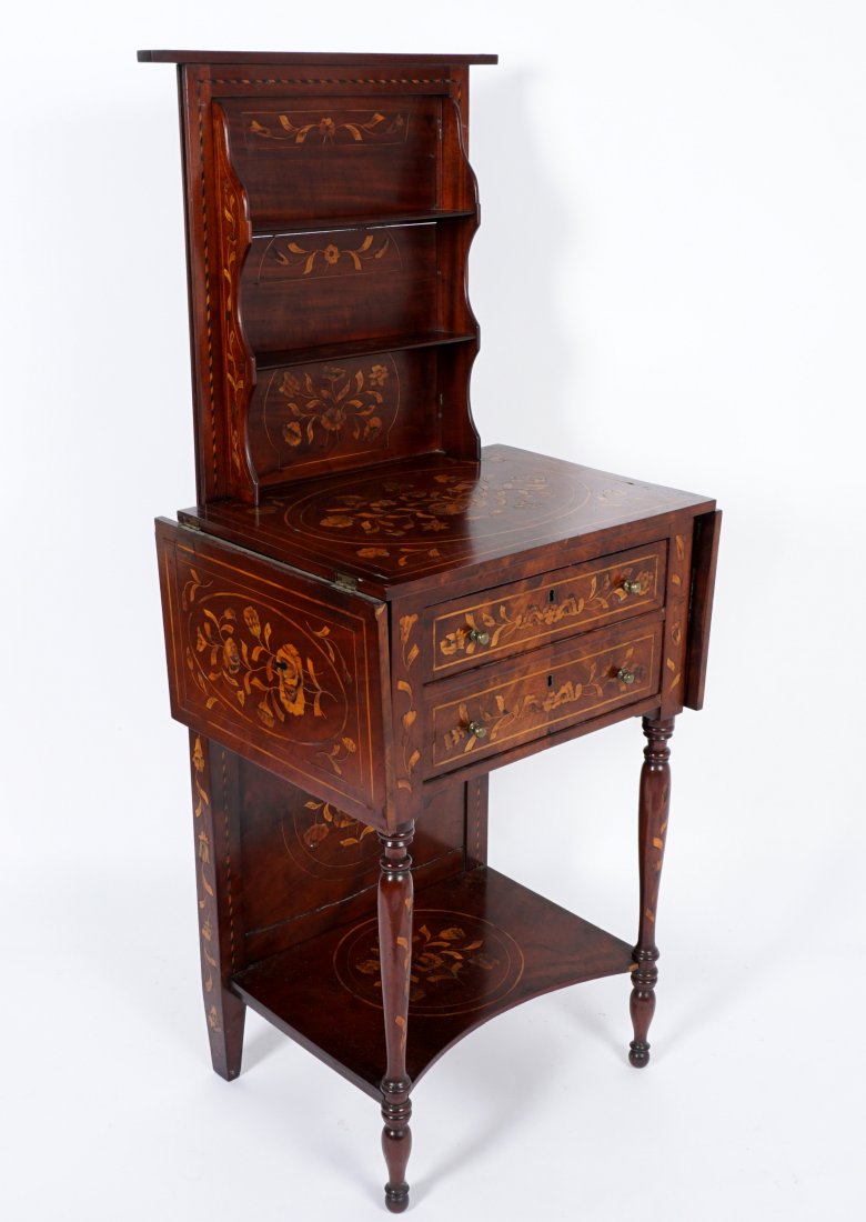 Continental Marquetry Inlaid Drop Leaf Table: Unique side or work table with marquetry floral inlay all over. 2 drawer front top drawer felt lined and compartmented, drop leaf either side, back with sliding panel and 2 folding shelves. Lower open