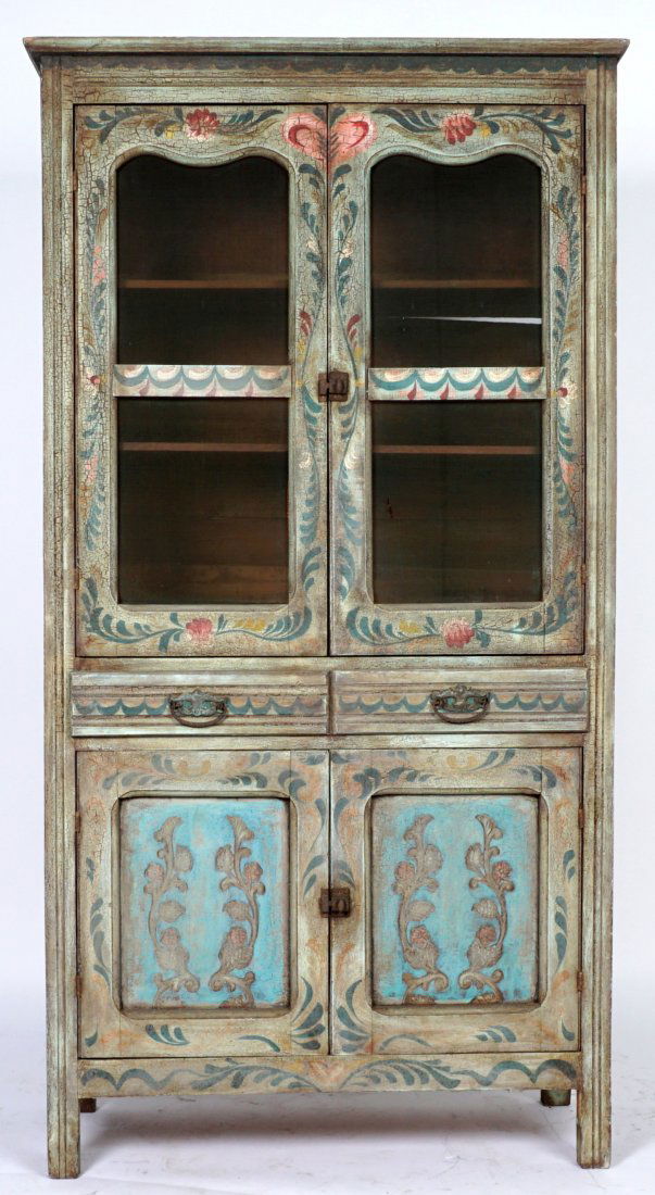 Peter Hunt School Painted Cupboard: Paint decorated cabinet in the Peter Hunt style with flowers and figures. 2 mesh door top over 2 drawers over 2 blind doors. Overall 62.75" h. x 38.5" x 17.75". Condition: Wear and craquelure to decor