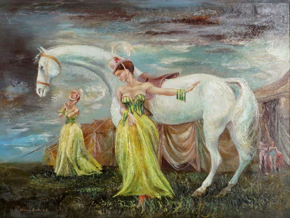 Aaron Bohrod Circus Painting: BOHROD, Aaron, (American, 1907-1992): Scene of 2 women with white horse in front of circus tent with figures, Oil/Board, signed lower left, 12" x 15.75", Heydenryk frame 18" x 21.75".