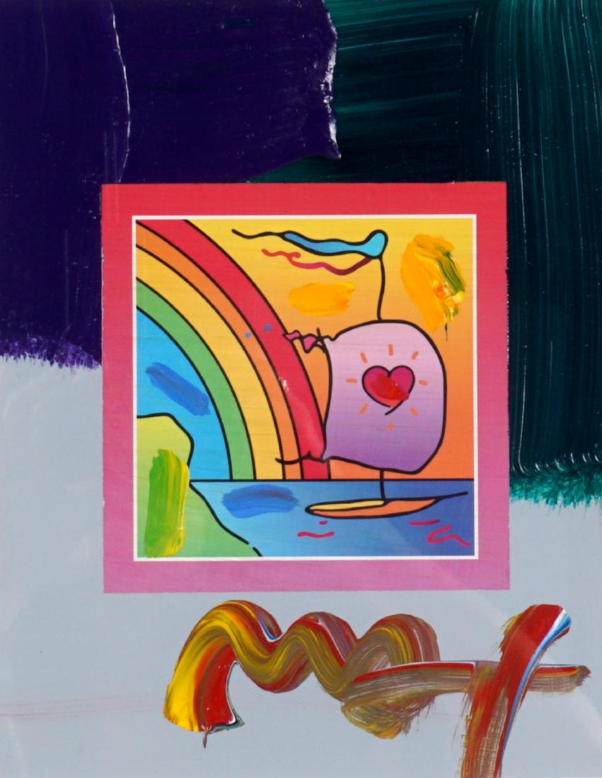 Peter Max Sailboat with Heart Mixed Media: MAX, Peter, (American, 20th Century): "Sailboat with Heart on Blends 2007", #1471, Mixed Media / Embellished Poster with Acrylic, signed lower right, 10" x 8", framed 19.75'" x 17.75". Sold with Peter