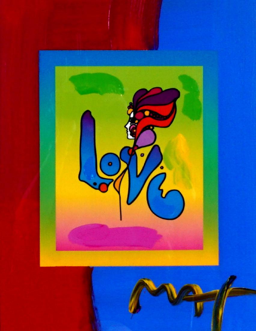 Peter Max Love Version II Mixed Media: MAX, Peter, (American, 20th Century): "Love Version II", Mixed Media / Embellished Poster with Acrylic, signed lower right, sight size 17" x 12", framed 25.25" x 21.25". No Certificate