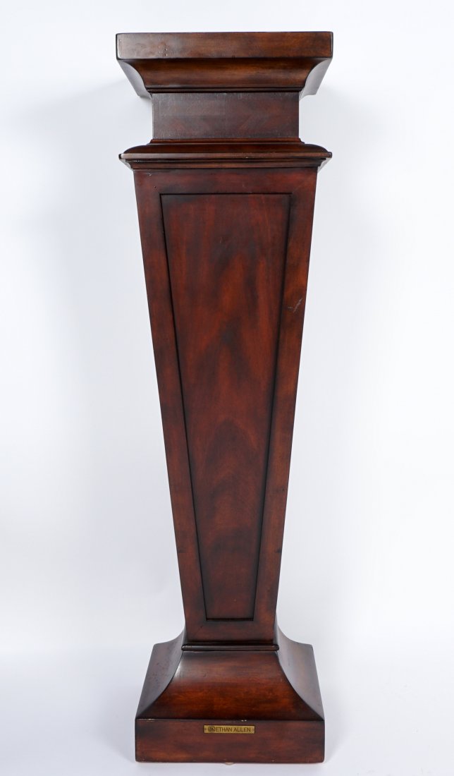 Ethan Allen Mahogany Pedestal / Plant Stand: Square top over tapered body over flared base, 48.5" h. x 13.5" x 13.5".