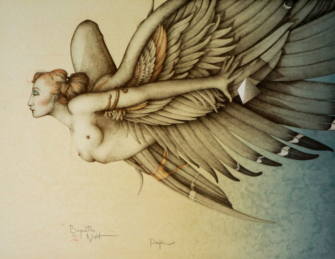 Michael Parkes Beyond the Night Lithograph: PARKES, Michael, (American, 20th Century): "Beyond the Night", nude angel, Lithograph, pencil signed, #198/250, Zerkall blind stamp, 21.5" x 27.75".