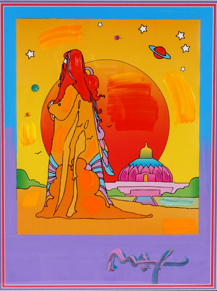 Peter Max Integral Yoga Mixed Media: MAX, Peter, (American, 20th Century): "Integral Yoga", Mixed Media / Embellished Lithograph with Acrylic, signed lower right, sight size 23.5 x 17.5"", framed 32.25" x 26.5". No Certificate.