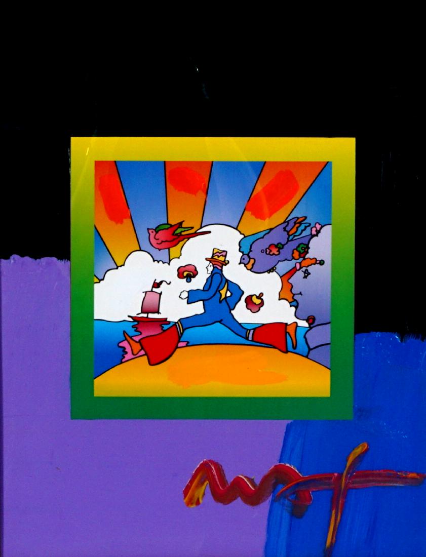 Peter Max Cosmic Runner Mixed Media: MAX, Peter, (American, 20th Century): "Cosmic Runner on Blends 2007", #601, Mixed Media / Embellished Poster with Acrylic, signed lower right, 17" x 13", framed 27.5" x 23.5"". Sold with Peter Max Ori