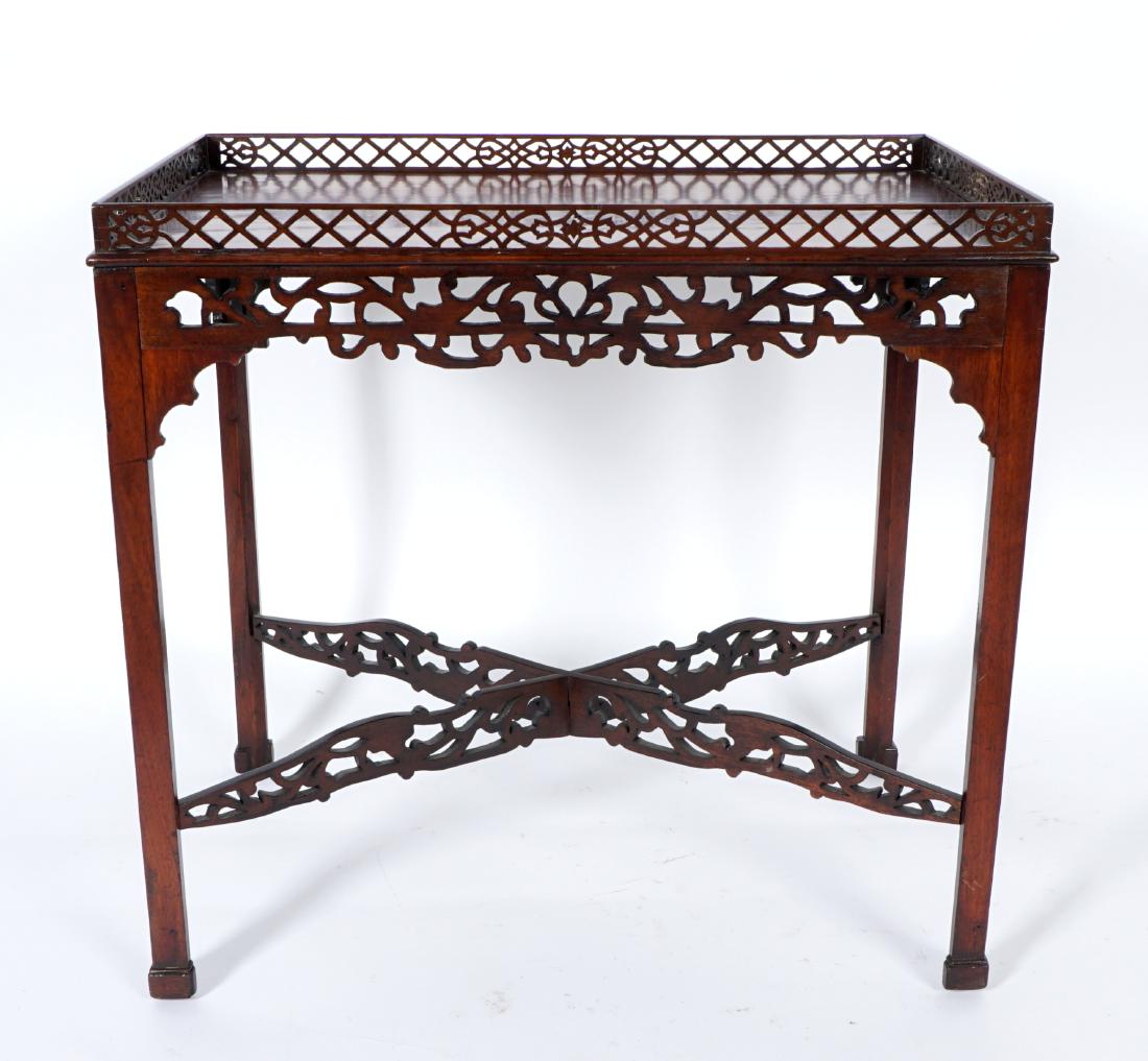 Chinese Chippendale 19th C Tea Table: Pierced gallery, skirt, and stretcher, straight legs, 29.5" h. x 30.5" x 20.5". Condition: Wear consistent with age and use.