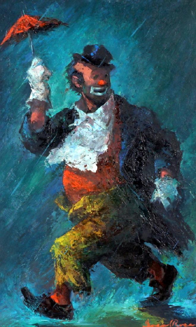 Iver Rose Painting of a Clown: ROSE, Iver, (American, 1899-1972): Figure of a clown walking with small umbrella, Oil/Masonite, signed lower right, 16" x 10", framed 24.5" x 18.5".