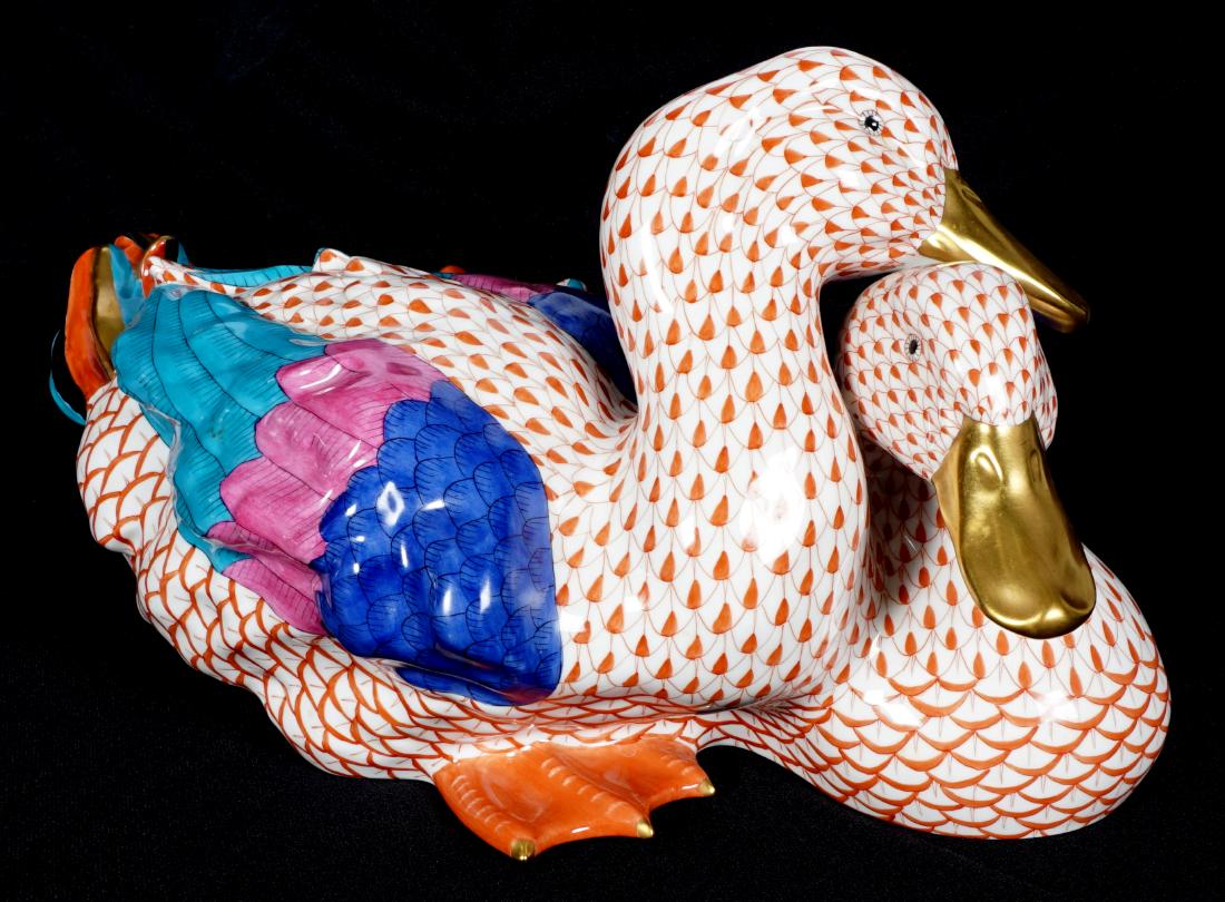 Large Herend Fishnet Ducks Figural Group: Rust fishnet with polychrome accents, pair of porcelain nesting ducks. Herend blue mark, incised 5035 over 5, 8" h. x 15"x 11".