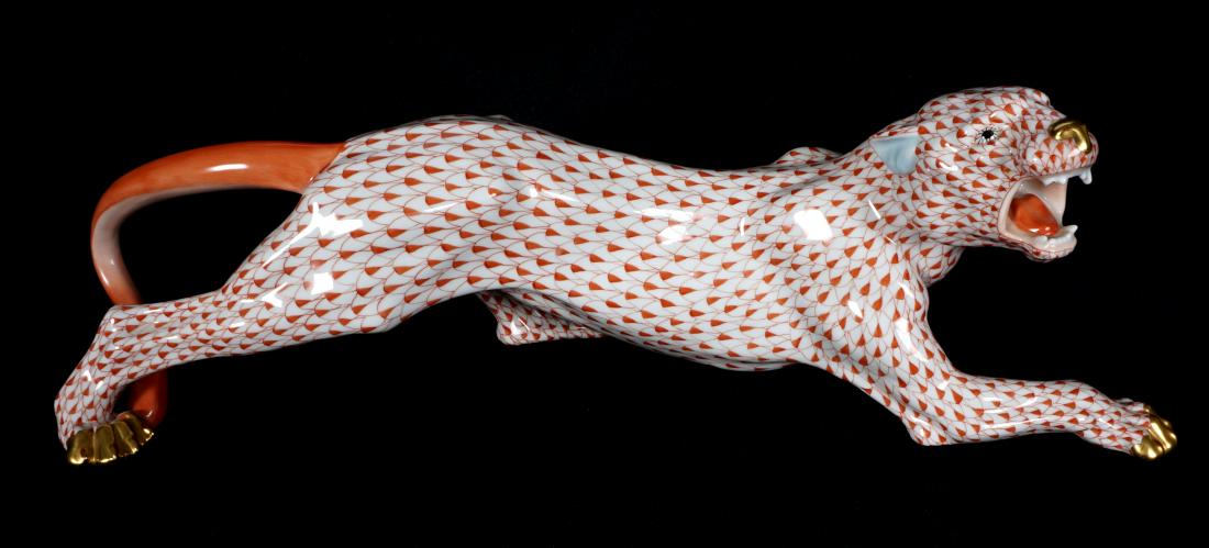 Herend Large Rust Fishnet Porcelain Tiger: Rust fishnet body, gold accent nose and paws, impressed Herend mark, incised 5209 over 8. Overall 5.75" h. x 17.5" x 5".