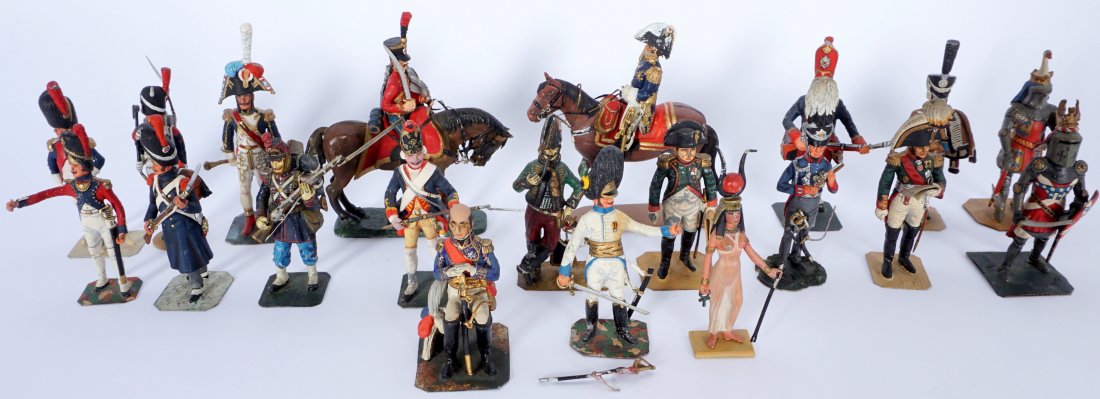 Collection of 20 French Ballada Toy Soldiers: An assembled collection of 20 hand painted soft metal toy soldiers (2 mounted on horses), knights, Egyptian queen. Tallest figure 3.5" h.. Condition: Hand painted, some wear to paint, sold as-is.