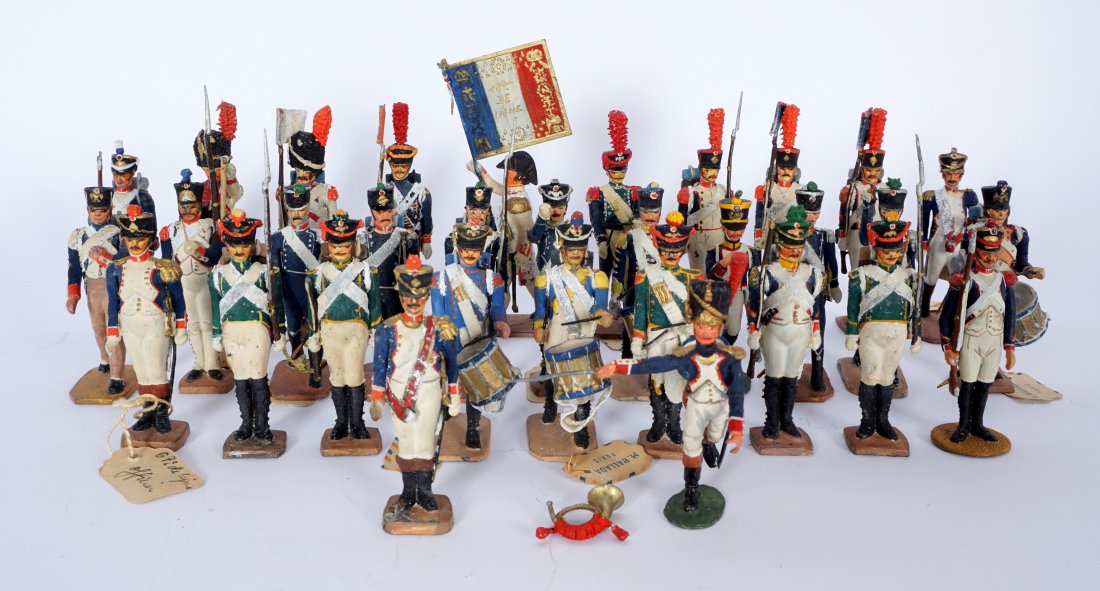 Collection of 32 French Ballada Toy Soldiers: An assembled collection of 32 hand painted soft metal toy soldiers and musicians. Tallest figure 3.75" h. with flag. Condition: Hand painted, some wear to paint, sold as-is.