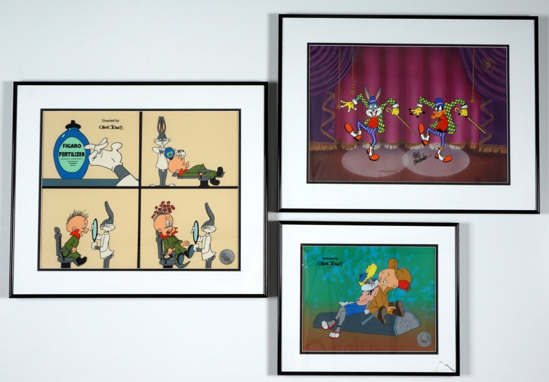 3 Bugs Bunny, Daffy Duck, & Elmer Fudd Sericels: 3 pieces total to include 1) "Isn't She Wuvwy", Bugs dressed as a girl and Elmer sitting on a log, Linda Jones foil label, sight size 12.75" x 10", framed 14.75" x 17.5". Glass cracked. Park West COA.