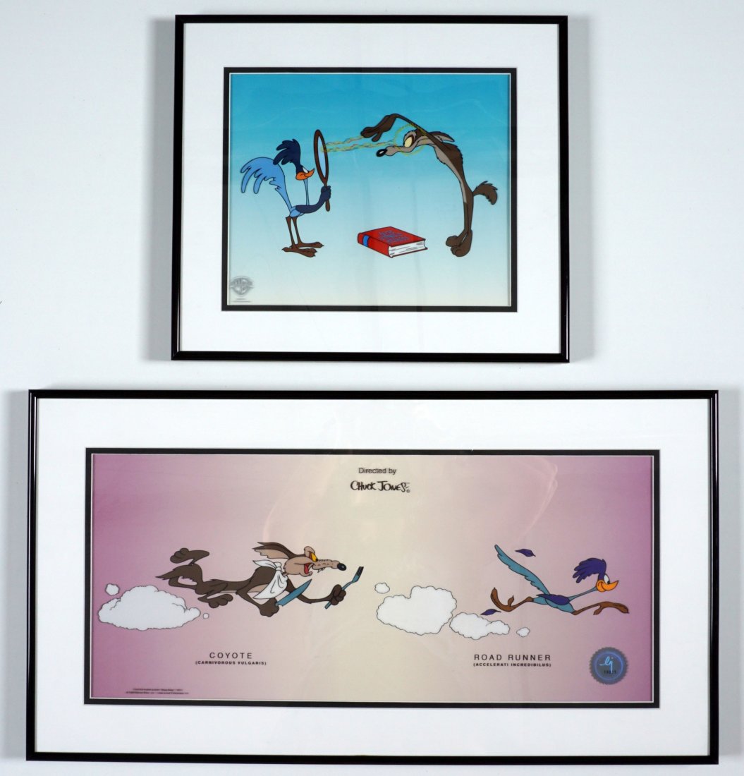2 Roadrunner & Wile E. Coyote Sericels: 2 pieces total to include 1) "Beep Beep", Wile E. Coyote chasing the Roadrunner with a knife and fork in his hands, 10.5" x 23.5", framed 15.25" x 28.25". Park West COA. 2) "Acme Hypnotist" Wile E. Co