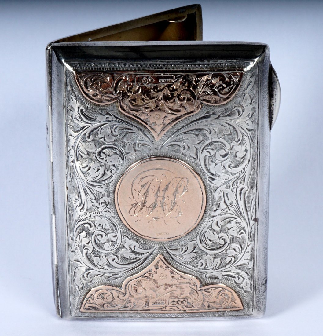 Smith & Bartam Sterling & Rose Gold Card Case: 1904 Smith & Bartam card case, sterling and 9k rose gold, foliate engraving all over, monogrammed, 3.25" x 2.5". Approx. 2 troy oz.