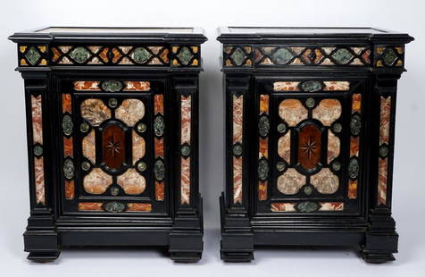 19th C Pair Italian Inset Marble Specimen Cabinets: Similar but not identical with differing inset marble tops, ebonized wood credenzas, front with varying inset marble and stone specimens, single door, single interior shelf, on 4 carved feet. Overall