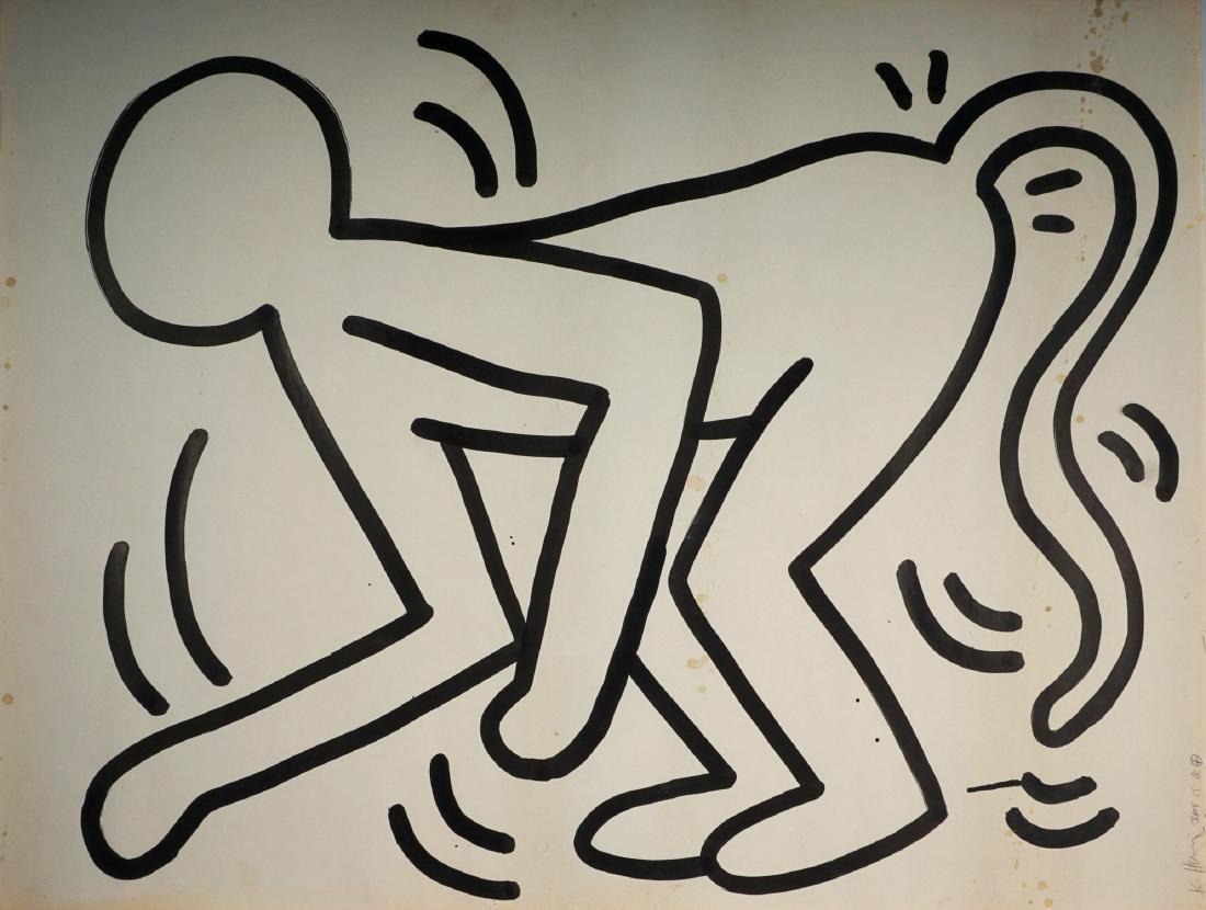 Large 1983 Keith Haring The Monkey Man Painting: HARING, Keith, (American, 1958-1990): "Monkey Man", Ink/Bristol Board, signed lower right K. Haring and dated '83, with additional cypher, 45" x 58". Fresh from private estate which was acquired by a