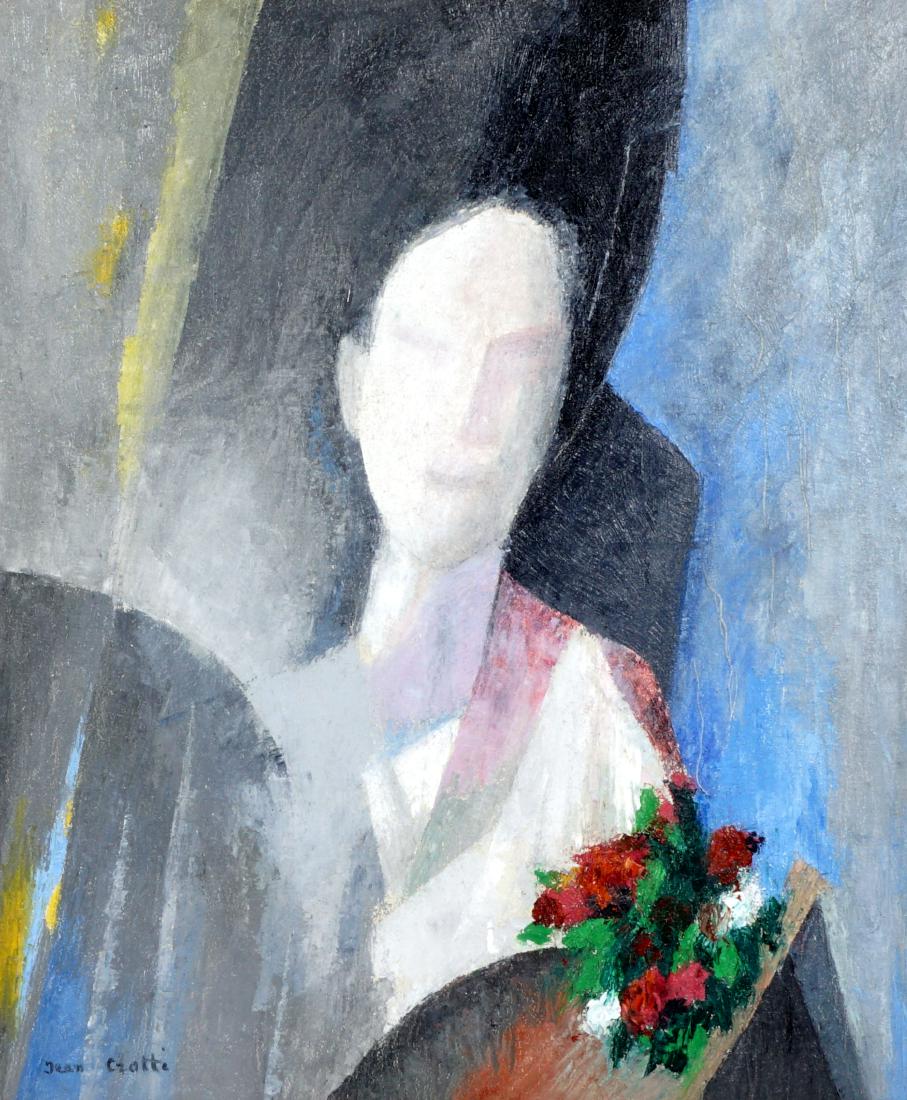 Jean Crotti Woman with Flowers Painting: CROTTI, Jean, (French, 1878-1958): Figure of woman holding flowers, Oil/Canvas, signed lower right, 26" x 22", framed 31" x 27".
