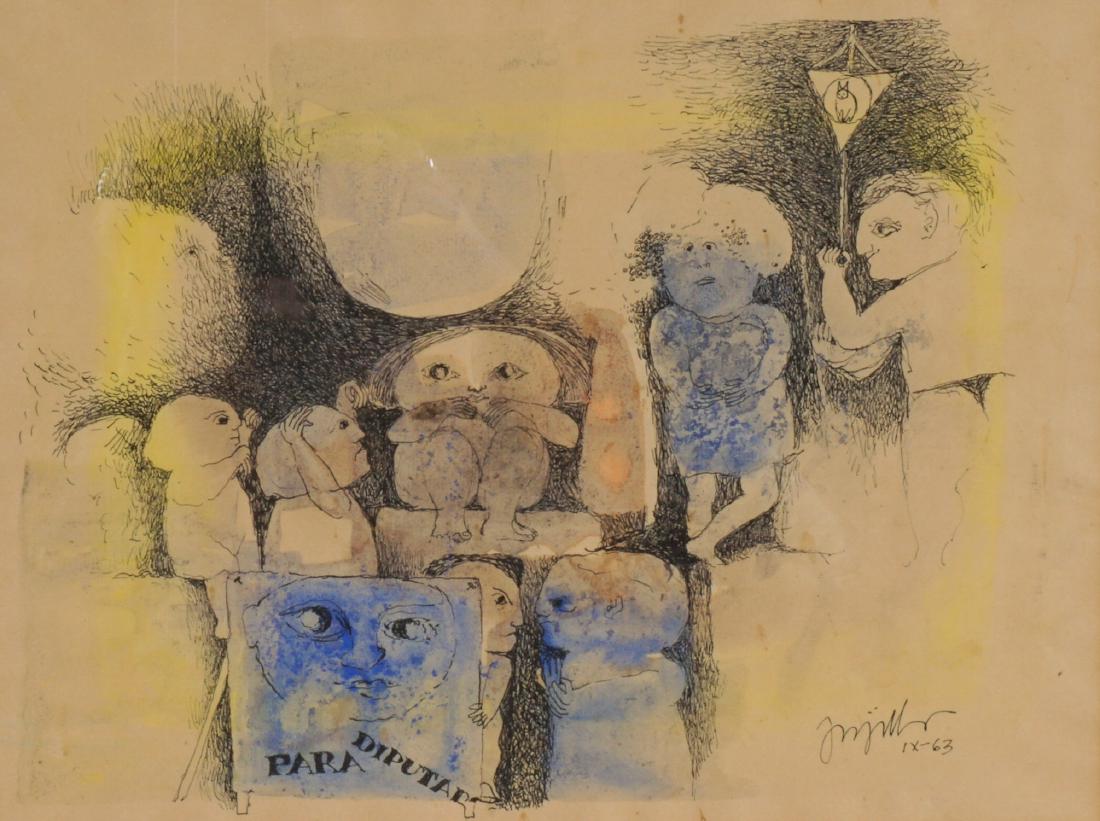 Guillermo Trujillo 1963 Mixed Media Painting: TRUJILLO, Guillermo, (Panamanian, 1927-2018): Titled "Waiting", Pen and Ink / Watercolor on paper, signed lower right and dated IX-63, labeled verso, sight size 9.5" x12.5", framed 17" x 20". Conditio