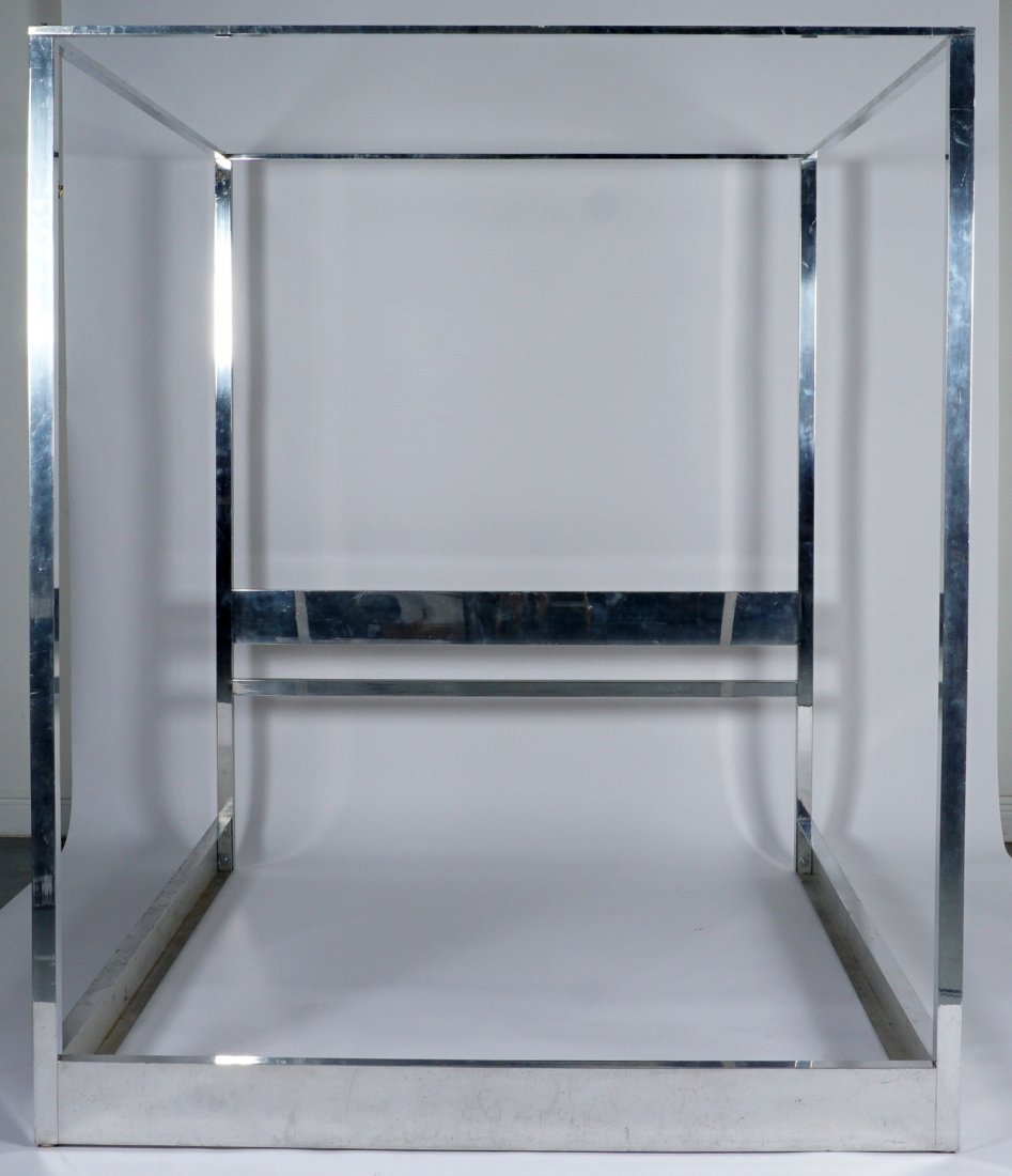 Pace Style Aluminum Bed Frame: Queen size bed frame, brushed aluminum construction in the style of pace, designed by Paul Mayen. Assembled approx. 79" h. x 65.5" x 84". Condition: Scratches.