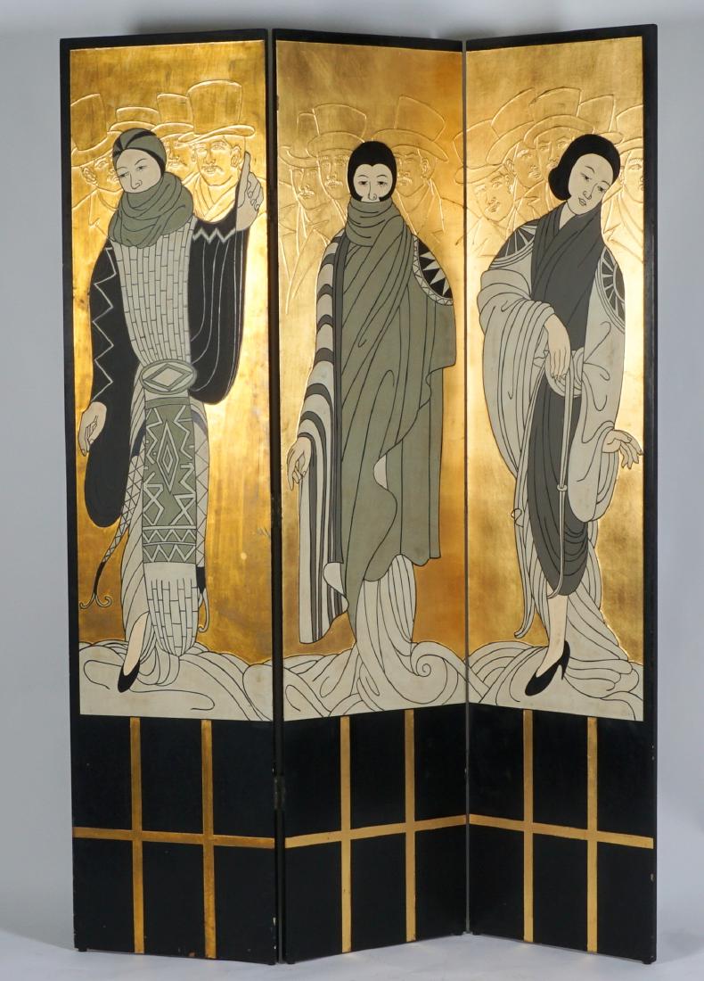 After Erte Three Panel Floor Screen: Three panel floor screen in the style of Erte, each panel with figure or a dressed woman with embossed men behind them. Gold leaf ground, women with shades of grey and white decoration, lower quarter