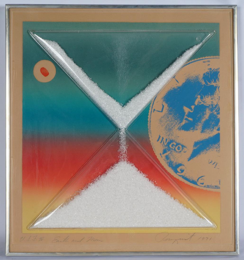 James Rosenquist Earth and Moon Mixed Media: ROSENQUIST, James, (American, 1933-2017): Lithograph titled Earth and Moon, vacuum form hourglass filled with beads, signed lower right and dated 1971, titled left numbered USF IV, 3 blind stamps in l