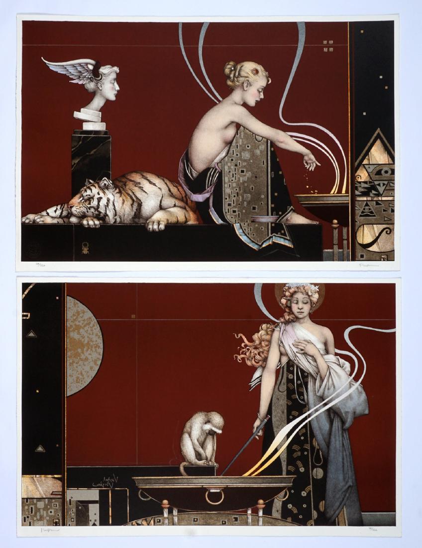 Michael Parkes Sacred Fire I & II Lithographs: PARKES, Michael, (American, 20th Century): 2 piece edition, One with standing woman and monkey, the other with seated woman and tiger, Steltman Editions blind stamp, pencil signed and numbered 35/220.