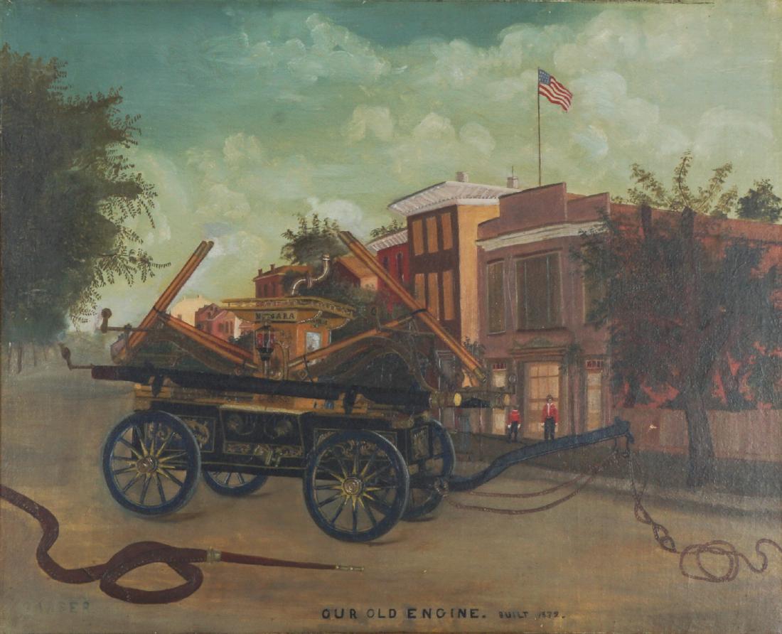 Painting of 1830s Fire Engine Signed Garber: Titled "Our Old Engine Built 1832", scene of a fire pumper cart in front of buildings on a street, Oil/Canvas signed Garber in block letters lower left, 22" x 27", framed 26.5" x 31.5". Condition: Din