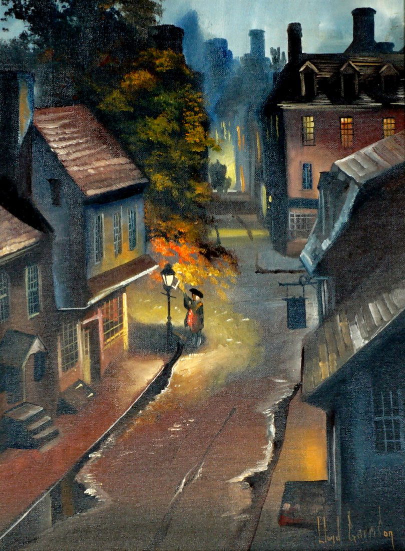 Lloyd Garrison Colonial Lamplighter Painting: GARRISON, Lloyd, (American, 20th Century): Colonial town scene with man lighting a street lamp, Oil/Board, signed lower right, 18" x 14", framed 21" x 17".