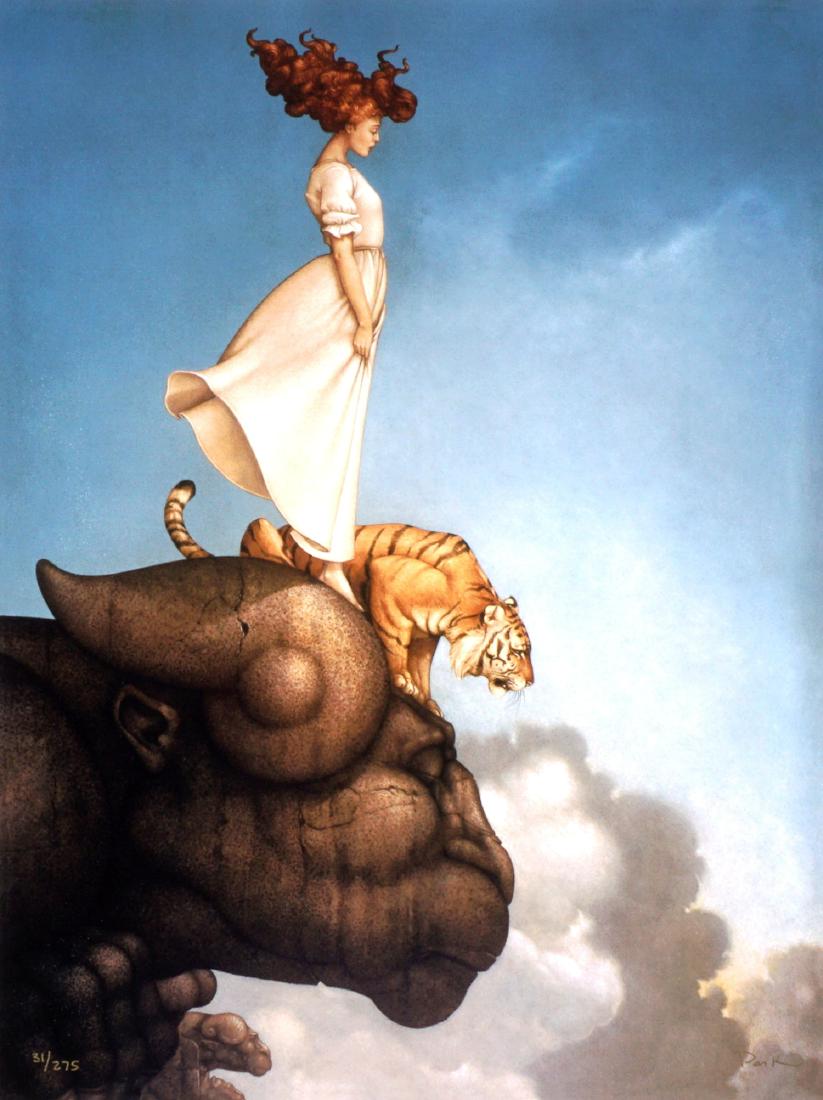 Michael Parkes Sky Meditation Giclee Print: PARKES, Michael, (American, 1944-): "Sky Meditation", Giclee on Canvas, signed in gel pen lower right, numbered 31/275 lower right, 29.75" x 23.5", unframed and previously rolled. Condition: Irregular