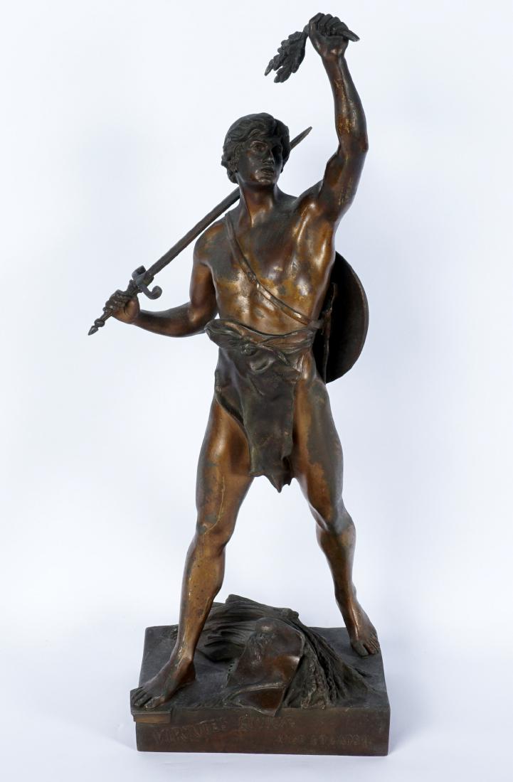 Emile Picault Bronze Warrior Statue: PICAULT, Emile, (French, 1833-1915): "Virtues Civicae Ense Et Labore", patinated bronze figure of a semi nude warrior with sword and laurel branch, impressed signature, 15.25" x 7.5". Condition: Loss