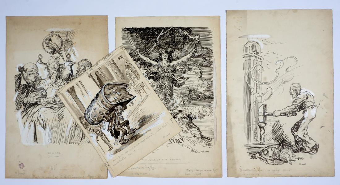 Four Oscar Cesare Original Political Cartoon Art: CESARE, Oscar, (Swedish/American, 1885-1948): An assembled collection of 4 assorted original grease pencil/gouache cartoons to include 1) "New York has a 1,200 page charted, United States Constitution