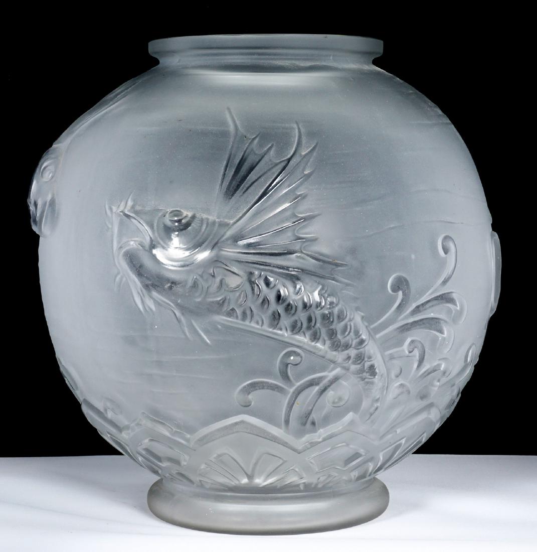 Lalique Style Large Glass Fish Bowl: Frosted and clear glass with bas-relief figural fish and plants, footed base, no visible markings, most likely Czech. Overall measures 11" h. x 10.5" dia.