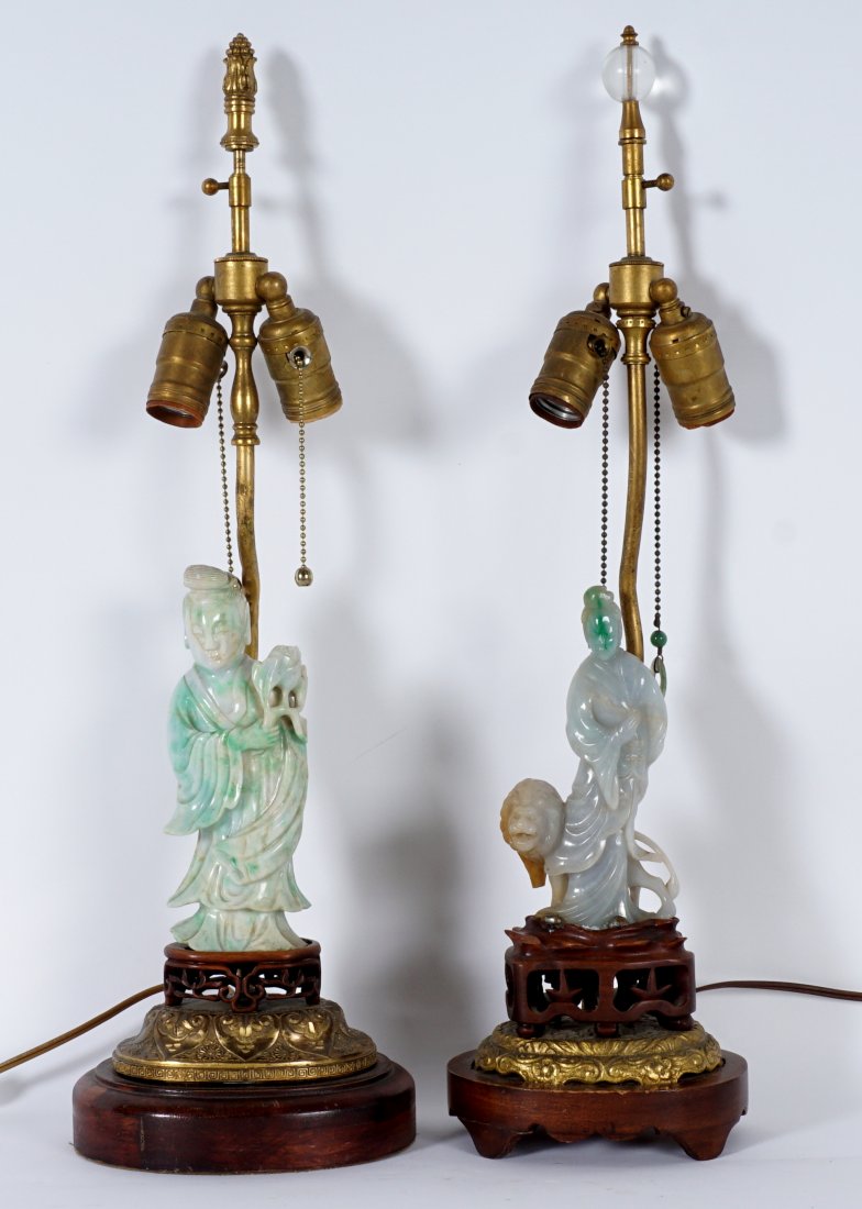 Two Chinese Figural Carved Jade Lamps
